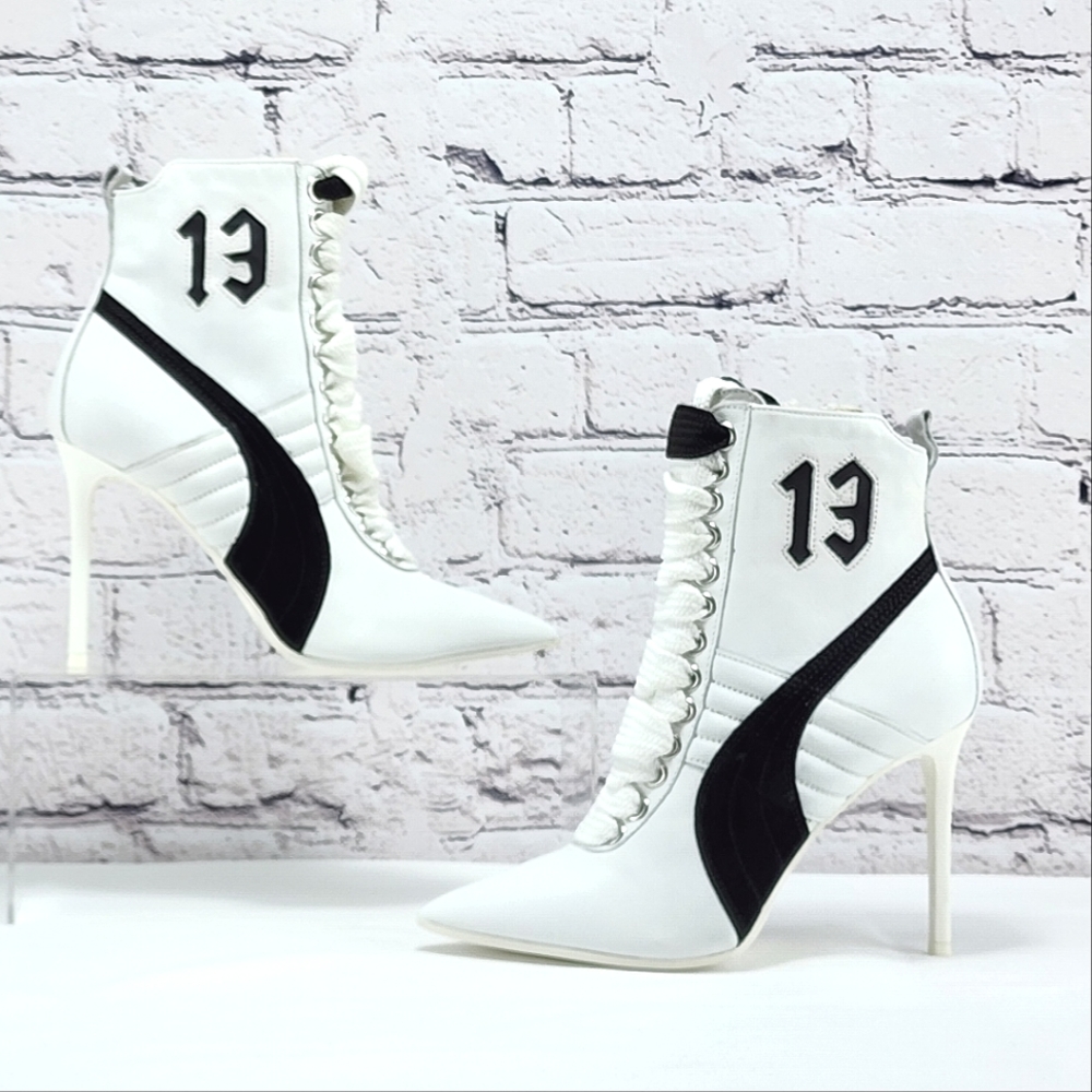 PUMA X FENTY – Leather ankle boot heels, approx. 3.75", white/black, size 5.5